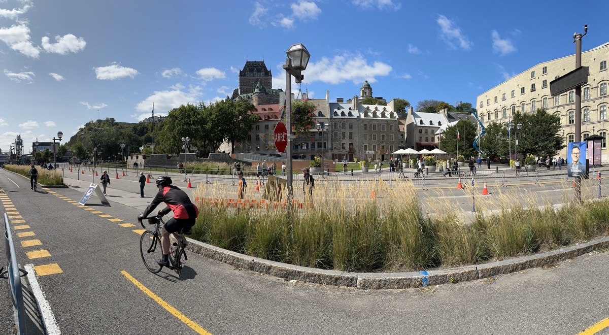 Photo of Le Château Frontenac from the harbour with a bike in the foreground